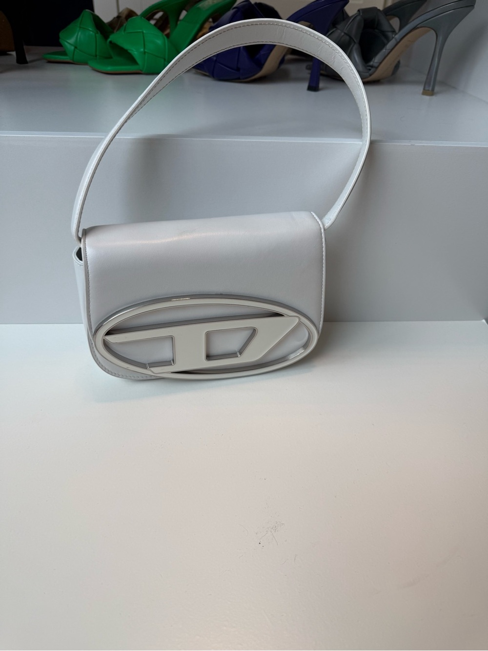 Diesel White Shoulder Bag with Oval Front Emblem